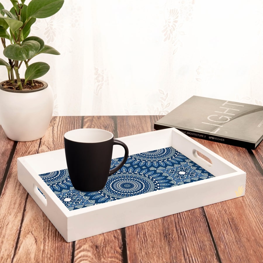 Blue Mandala 2 Serving Tray with Cutout Handles (Wood) 10" x 14"