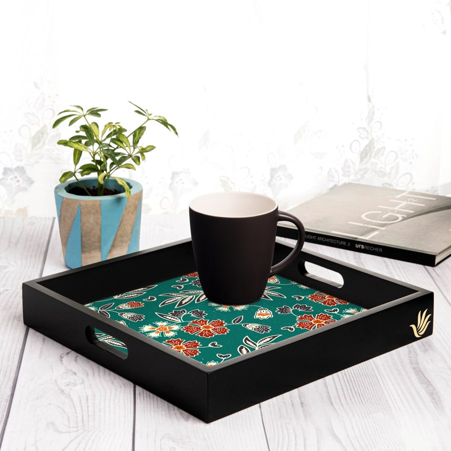 Emerald Batik Serving Tray with Cutout Handles (Wood) 12" x 12"