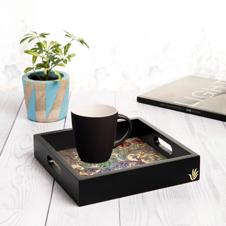 Ornate Floral Serving Tray with Cutout Handles (Wood) 9" x 9"
