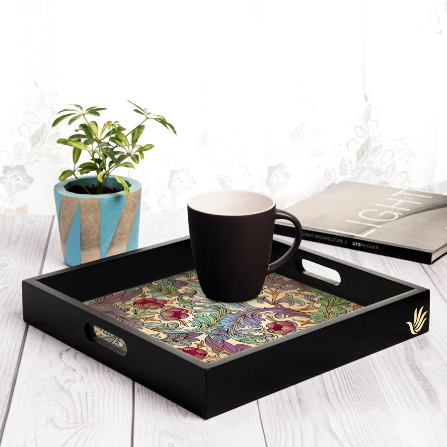 Ornate Floral Serving Tray with Cutout Handles (Wood) 12" x 12"