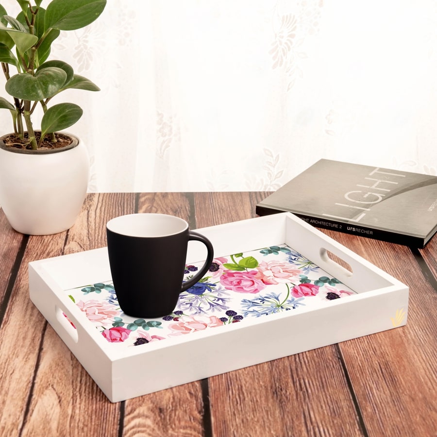 Roses Etc Serving Tray with Cutout Handles (Wood) 10" x 14"