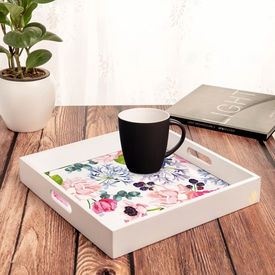 Roses Etc Serving Tray with Cutout Handles (Wood) 12" x 12"