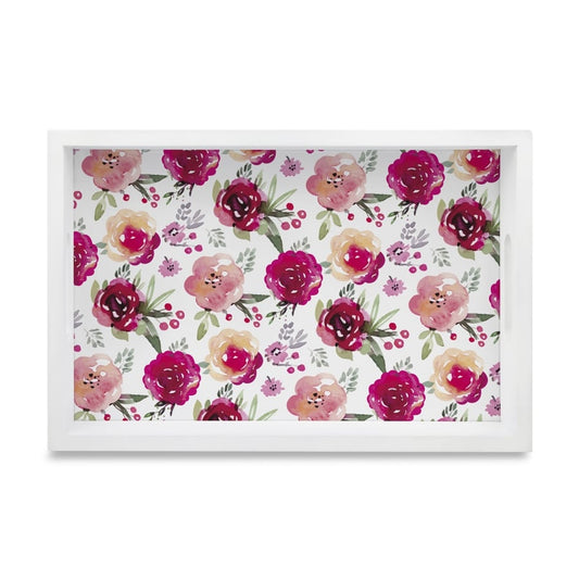 Pink Flowers Serving Tray with Cutout Handles (Wood) 8" x 12"