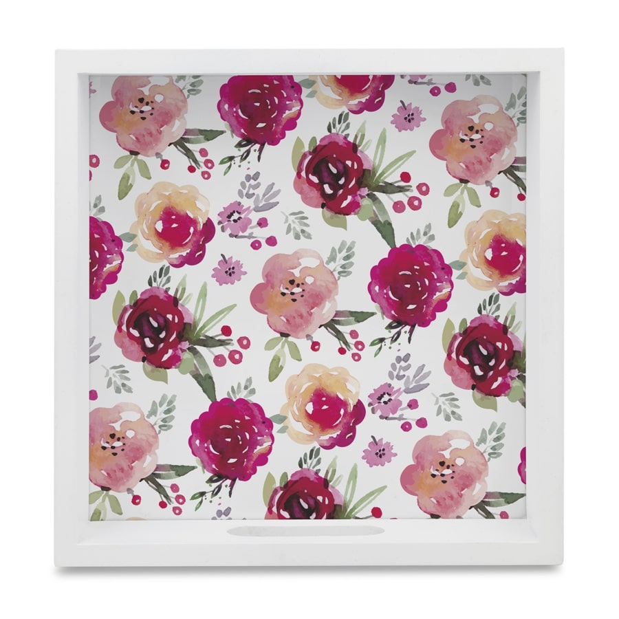 Pink Flowers Serving Tray with Cutout Handles (Wood) 9" x 9"