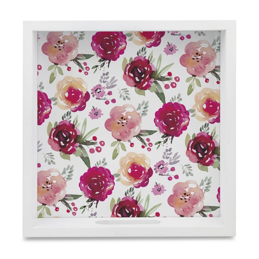 Pink Flowers Serving Tray with Cutout Handles (Wood) 9" x 9"