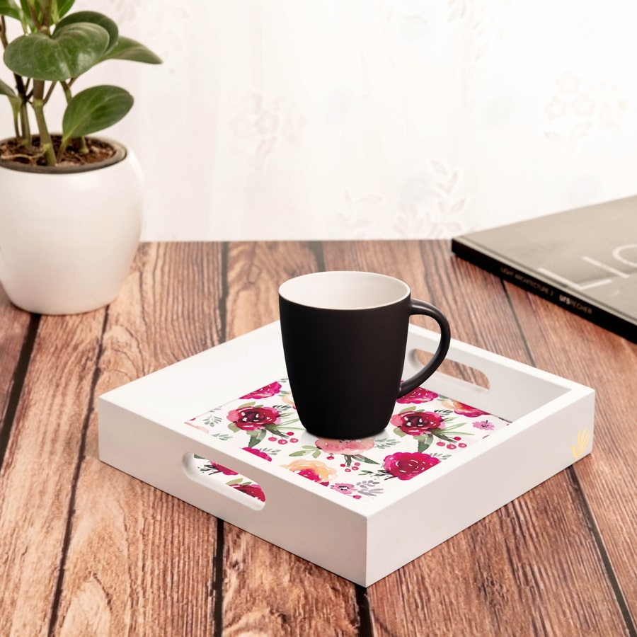 Pink Flowers Serving Tray with Cutout Handles (Wood) 9" x 9"