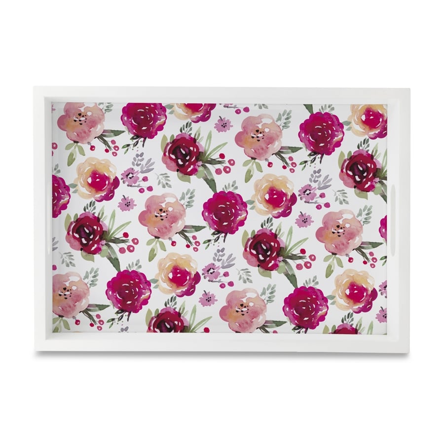 Pink Flowers Serving Tray with Cutout Handles (Wood) 10" x 14"