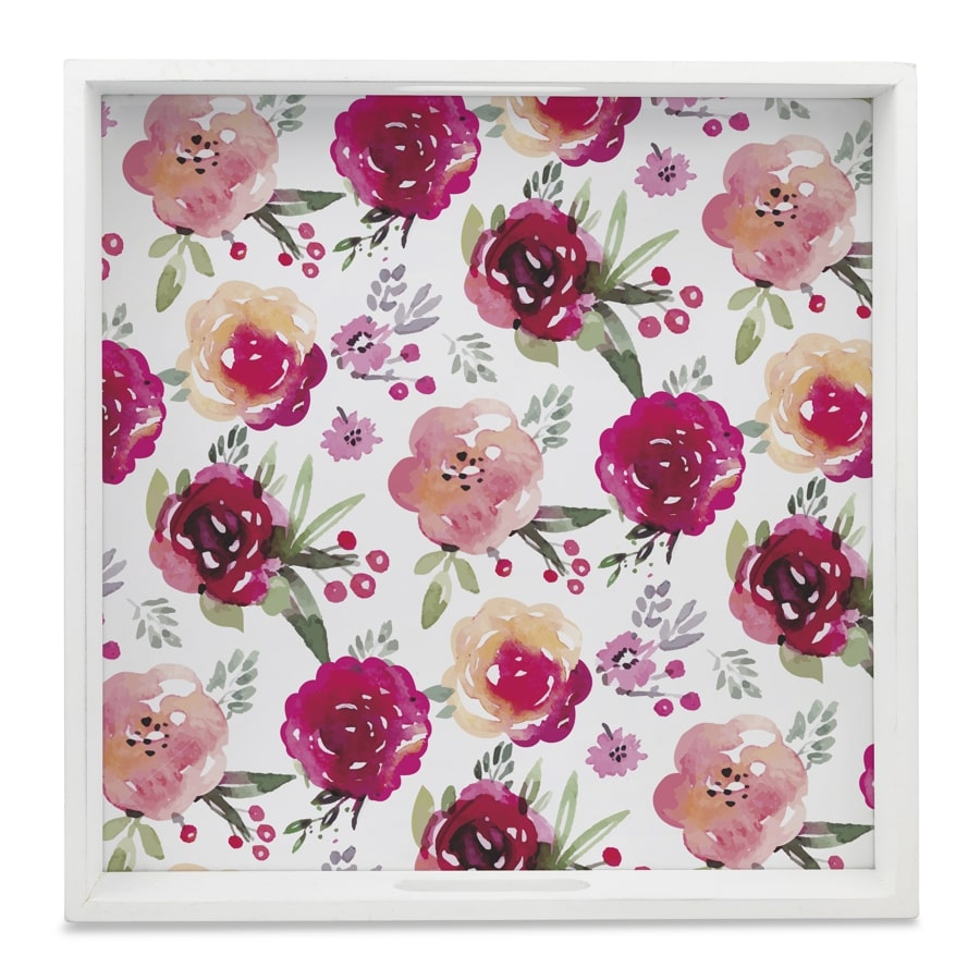 Pink Flowers Serving Tray with Cutout Handles (Wood) 12" x 12"