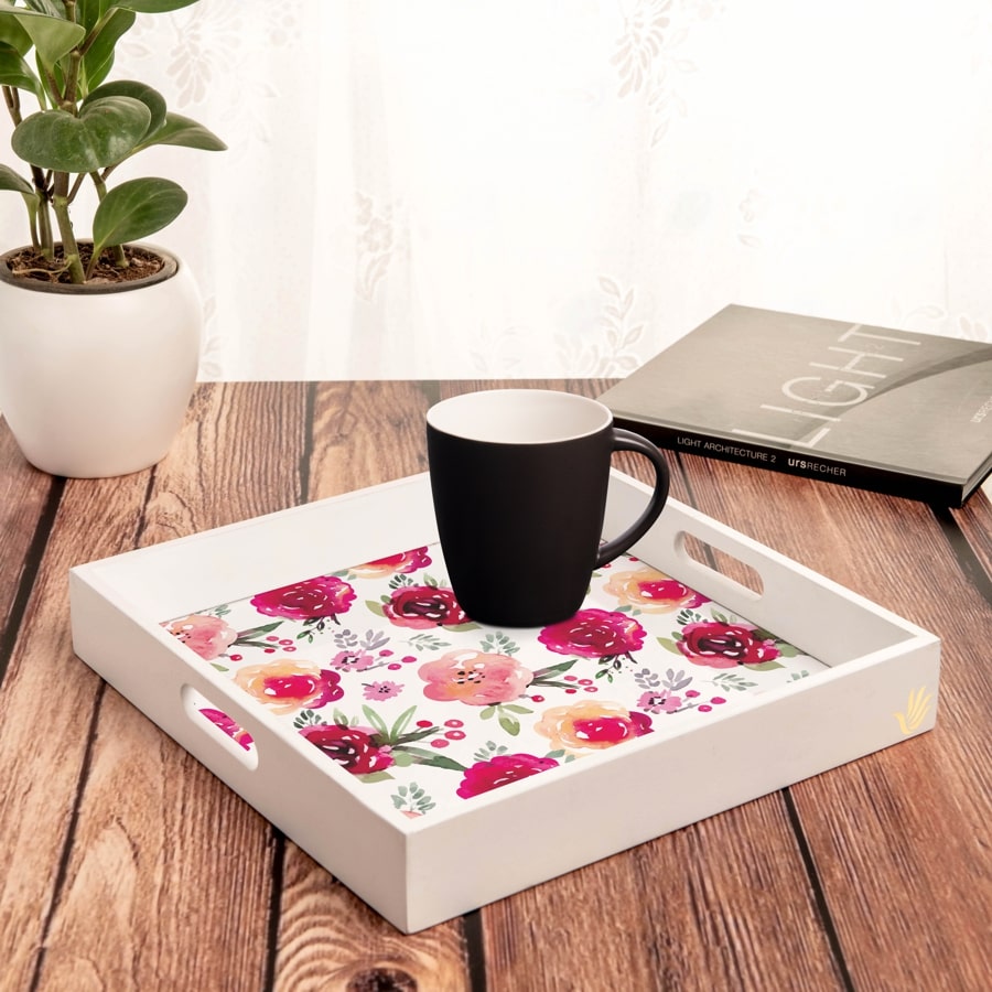 Pink Flowers Serving Tray with Cutout Handles (Wood) 12" x 12"