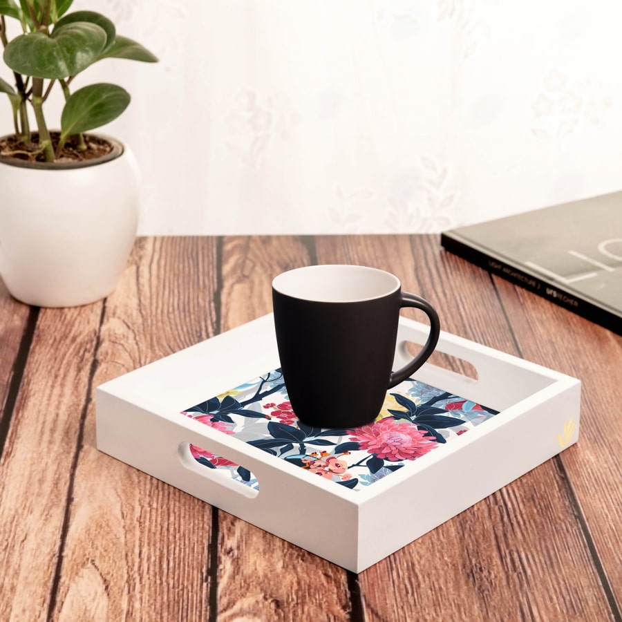 Mia Floral Serving Tray with Cutout Handles (Wood) 9" x 9"