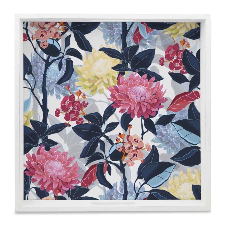 Mia Floral Serving Tray with Cutout Handles (Wood) 12" x 12"