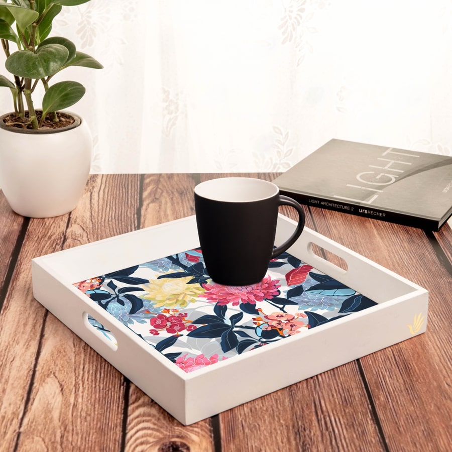 Mia Floral Serving Tray with Cutout Handles (Wood) 12" x 12"