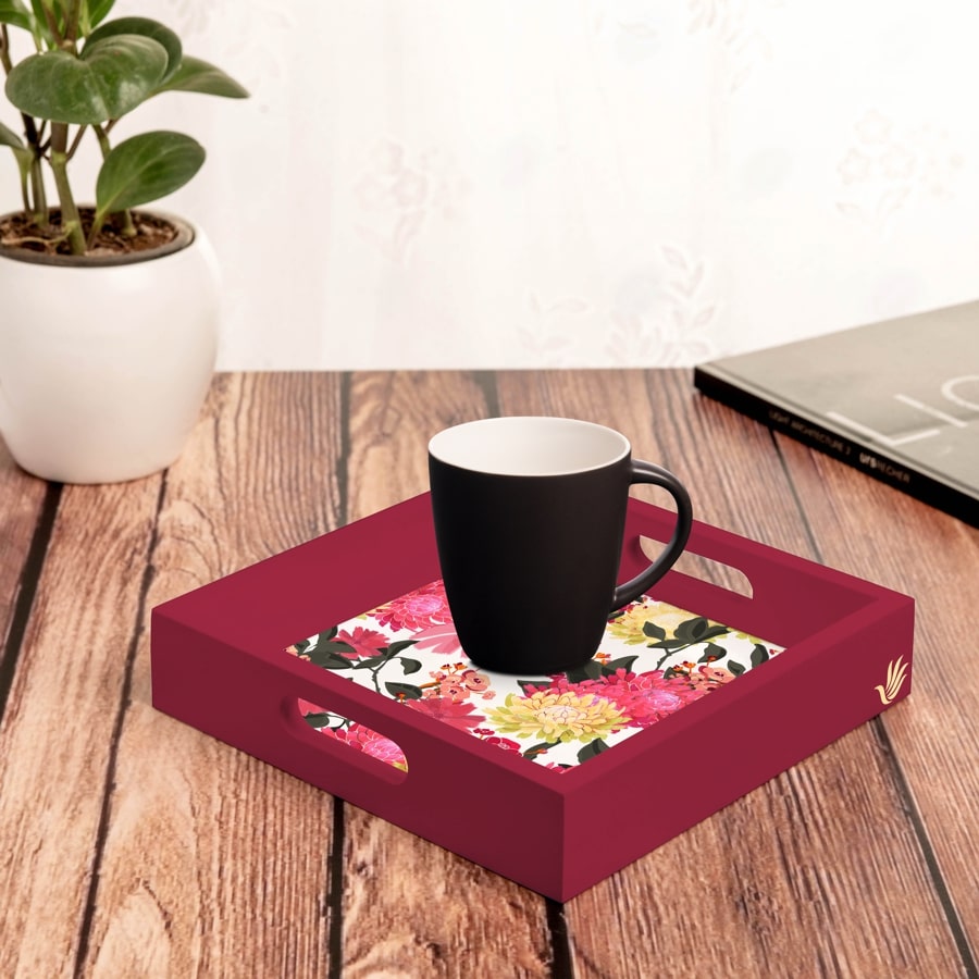 Ava Floral-R Serving Tray with Cutout Handles (Wood) 9" x 9"