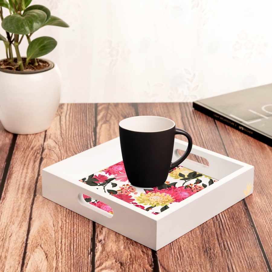 Ava Floral-W Serving Tray with Cutout Handles (Wood) 9" x 9"