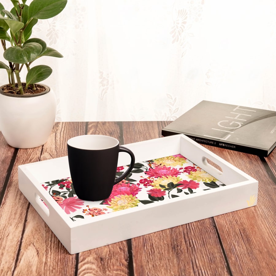 Ava Floral-W Serving Tray with Cutout Handles (Wood) 10" x 14"
