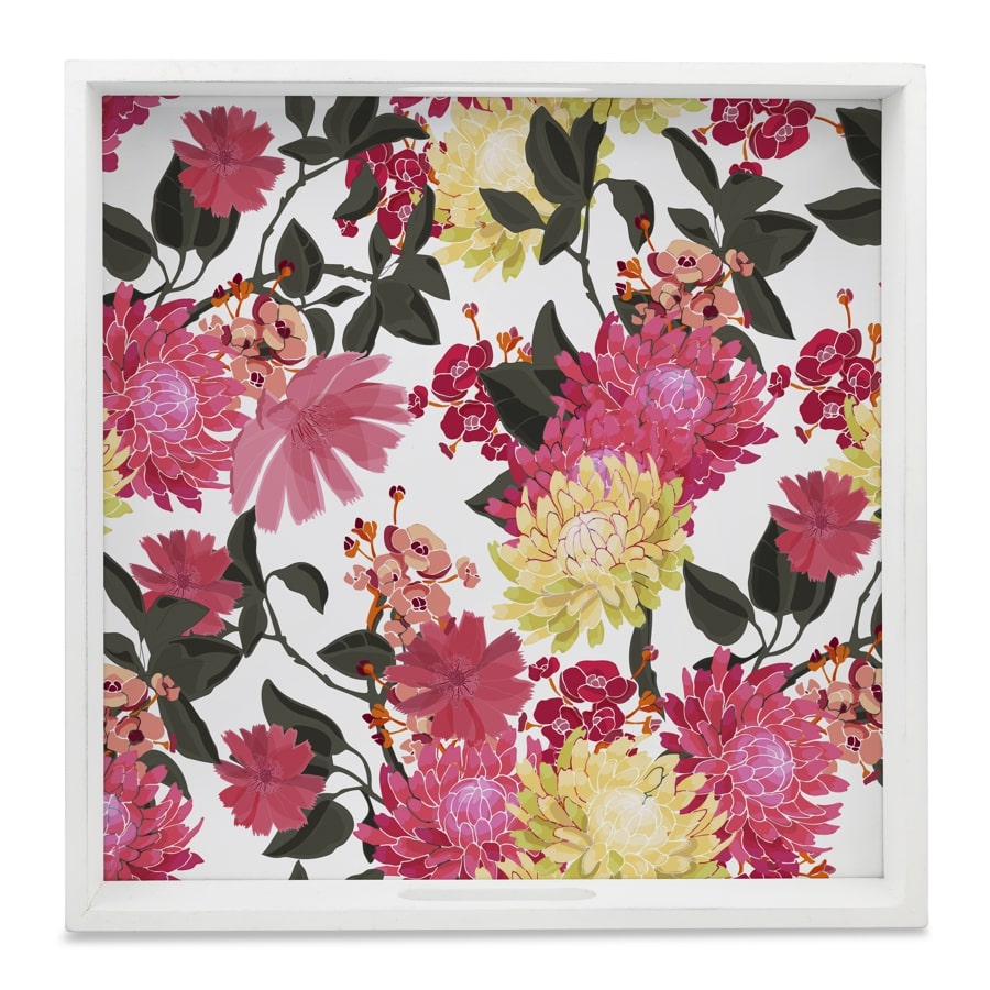 Ava Floral-W Serving Tray with Cutout Handles (Wood) 12" x 12"