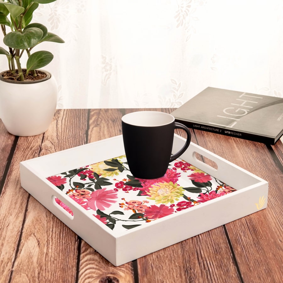 Ava Floral-W Serving Tray with Cutout Handles (Wood) 12" x 12"