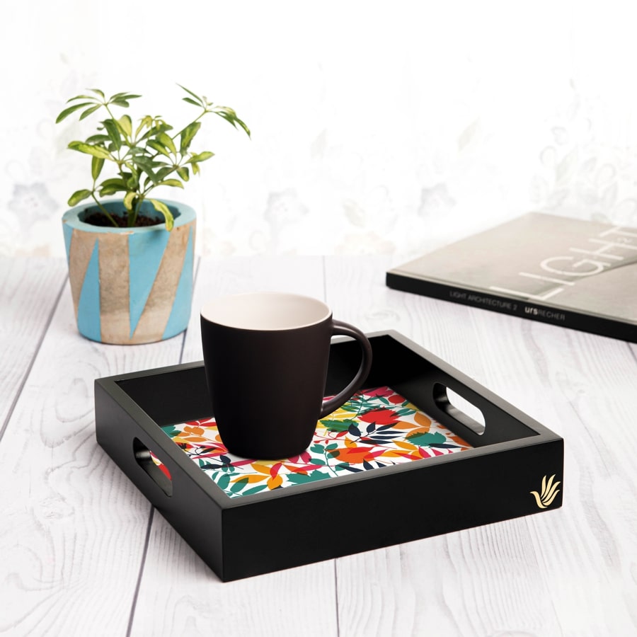 Autumn Leaves Serving Tray with Cutout Handles (Wood) 9" x 9"