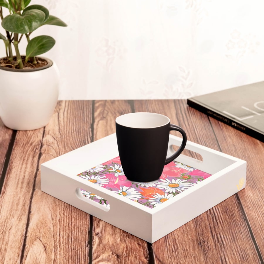 Camomile Serving Tray with Cutout Handles (Wood) 9" x 9"