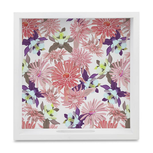 Pink Asters Serving Tray with Cutout Handles (Wood) 9" x 9"
