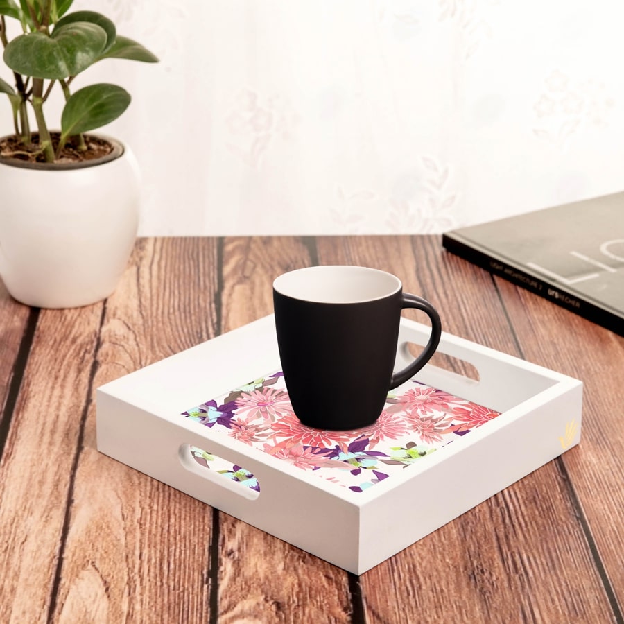 Pink Asters Serving Tray with Cutout Handles (Wood) 9" x 9"