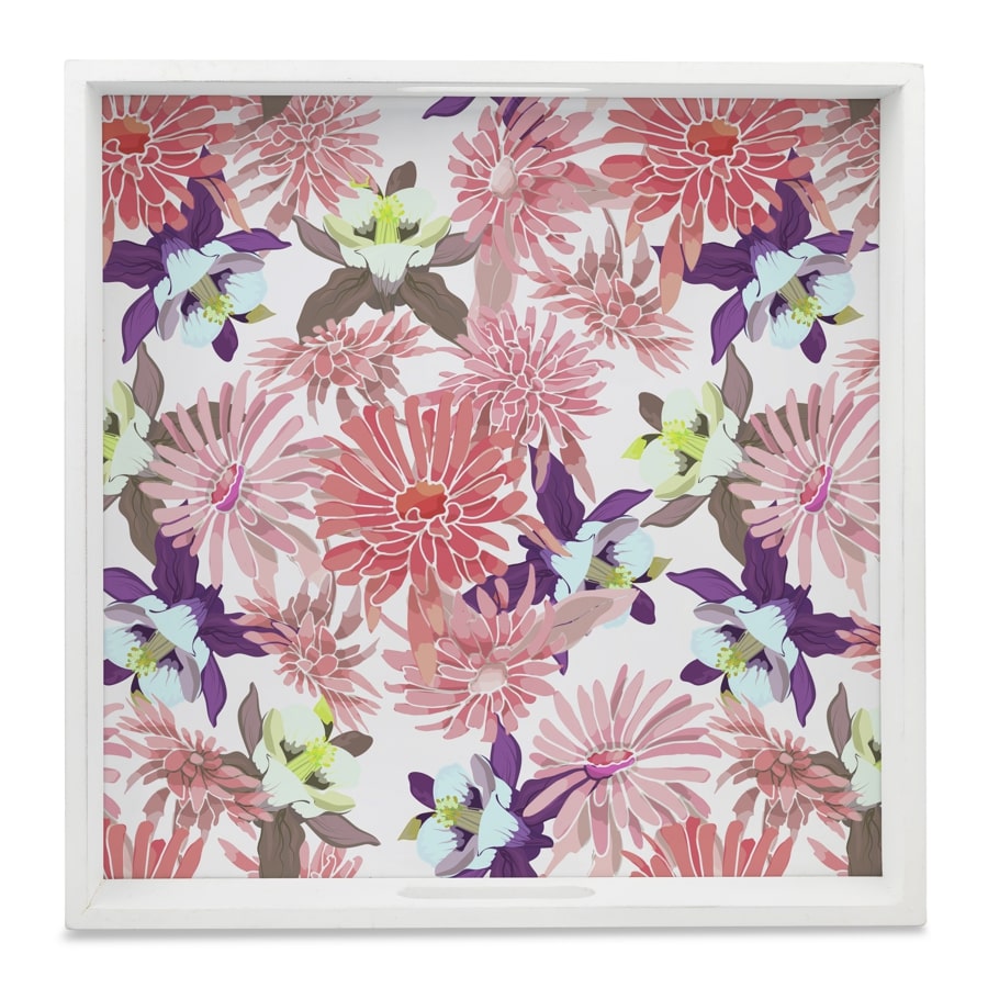 Pink Asters Serving Tray with Cutout Handles (Wood) 12" x 12"