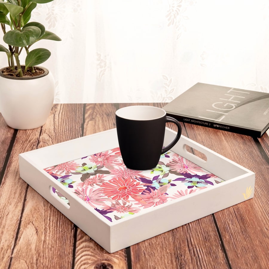 Pink Asters Serving Tray with Cutout Handles (Wood) 12" x 12"