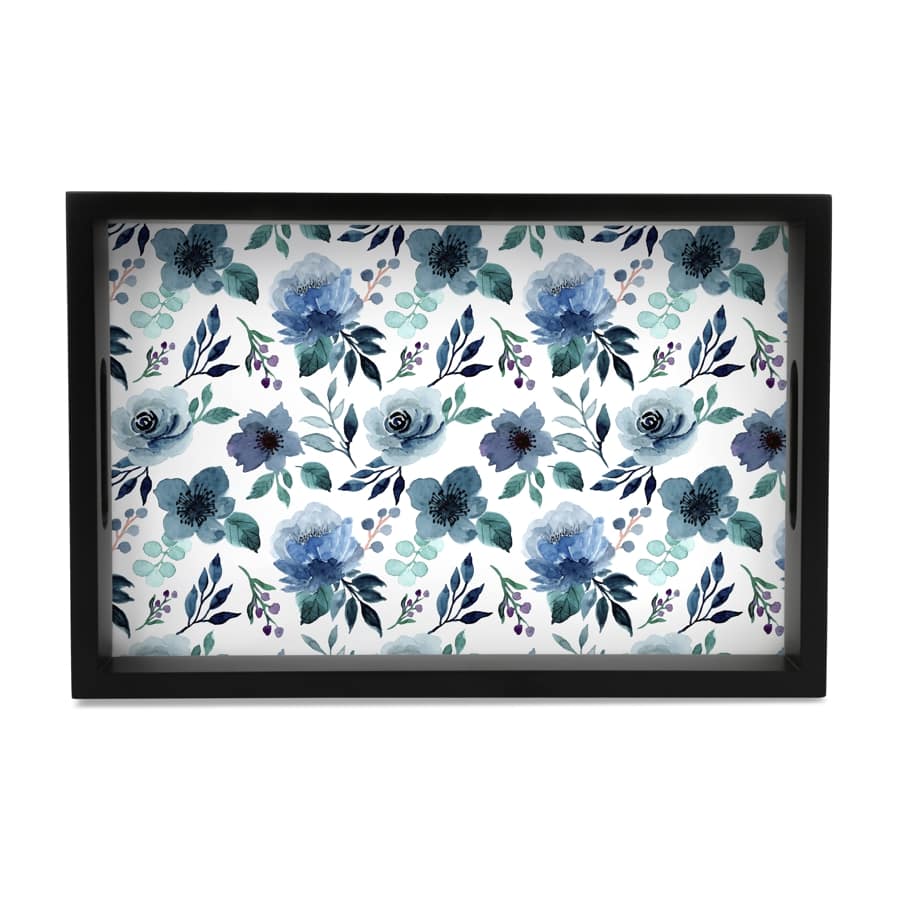 Indigo Flowers Serving Tray with Cutout Handles (Wood) 8" x 12"