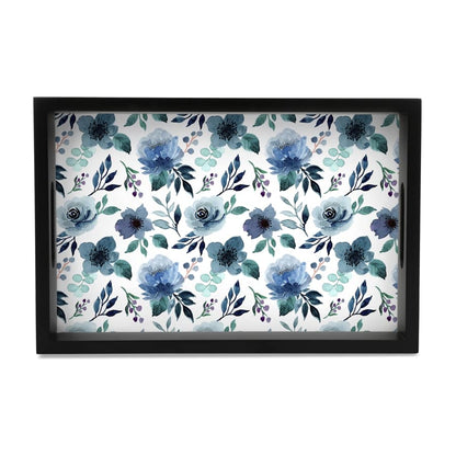 Indigo Flowers Serving Tray with Cutout Handles (Wood) 8" x 12"