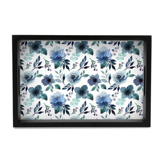 Indigo Flowers Serving Tray with Cutout Handles (Wood) 8" x 12"