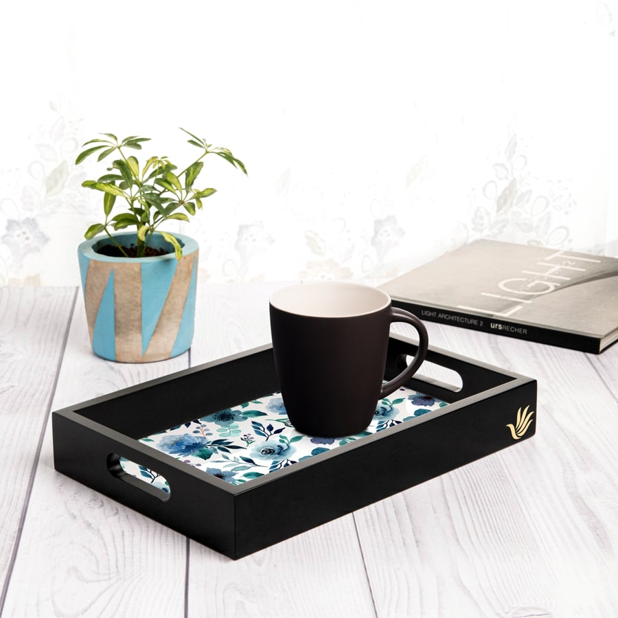 Indigo Flowers Serving Tray with Cutout Handles (Wood) 8" x 12"