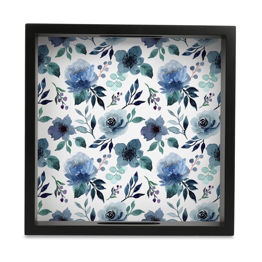 Indigo Flowers Serving Tray with Cutout Handles (Wood) 9" x 9"