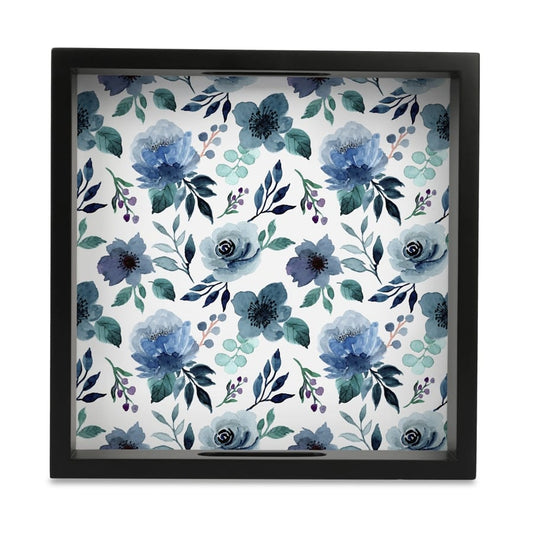 Indigo Flowers Serving Tray with Cutout Handles (Wood) 9" x 9"