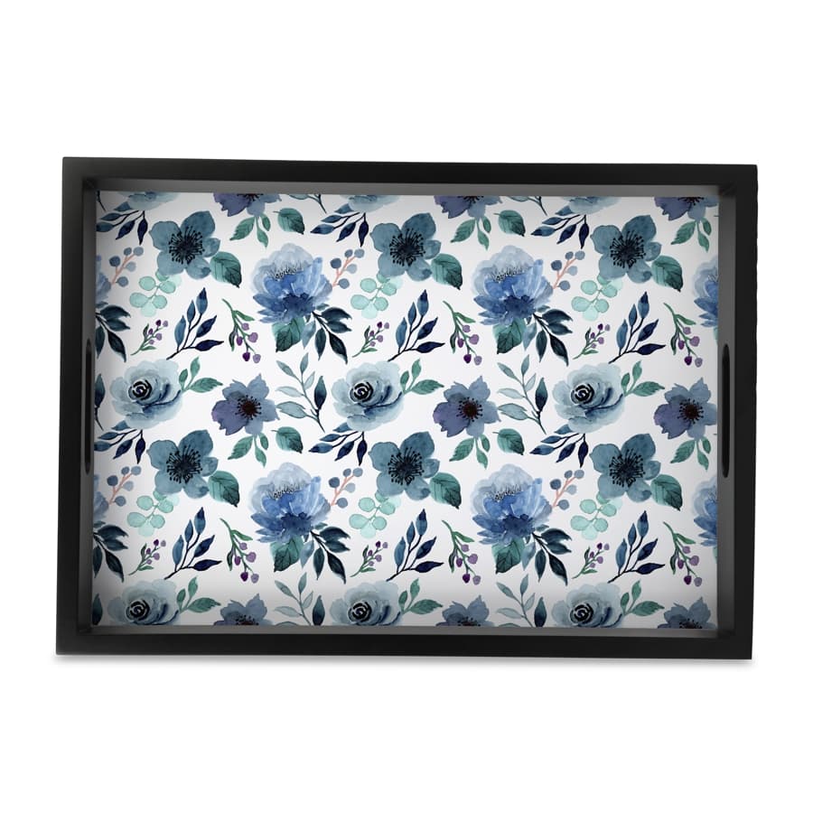 Indigo Flowers Serving Tray with Cutout Handles (Wood) 10" x 14"