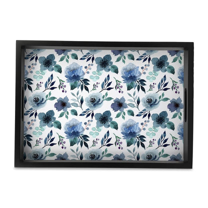 Indigo Flowers Serving Tray with Cutout Handles (Wood) 10" x 14"