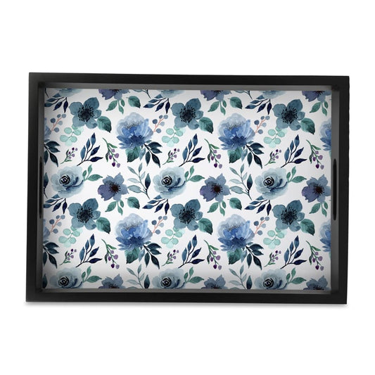 Indigo Flowers Serving Tray with Cutout Handles (Wood) 10" x 14"