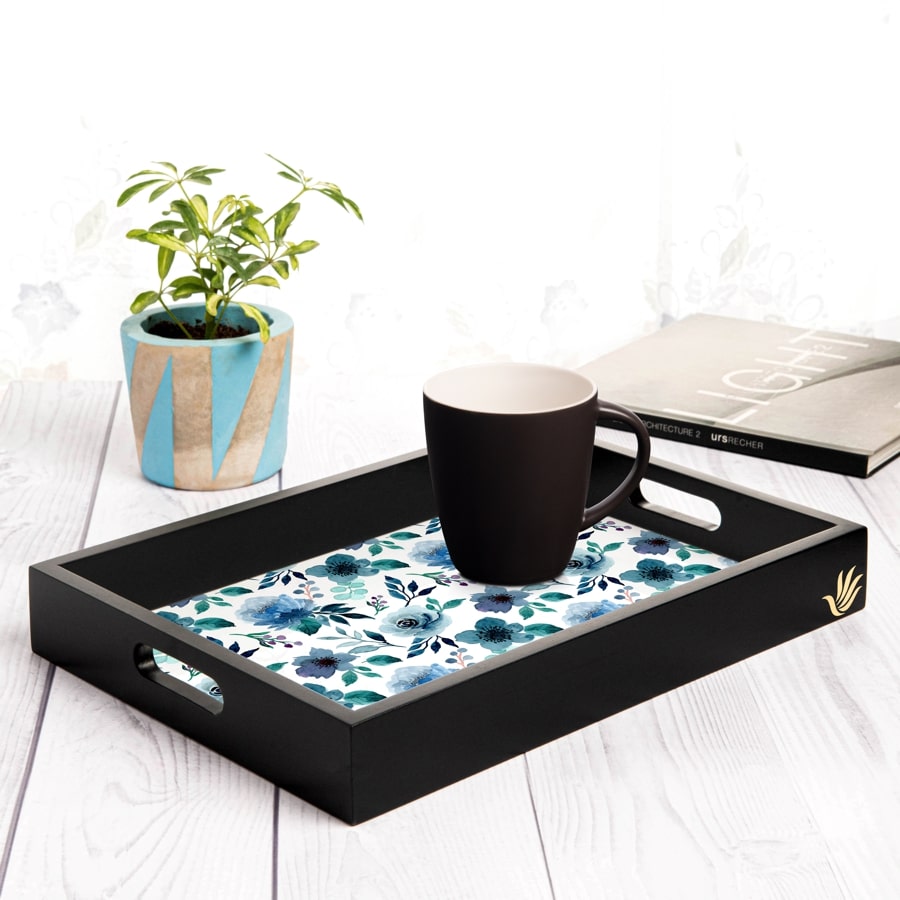Indigo Flowers Serving Tray with Cutout Handles (Wood) 10" x 14"