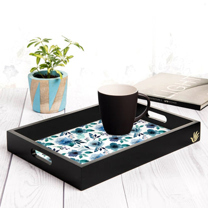 Indigo Flowers Serving Tray with Cutout Handles (Wood) 10" x 14"