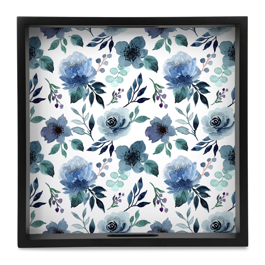 Indigo Flowers Serving Tray with Cutout Handles (Wood) 12" x 12"