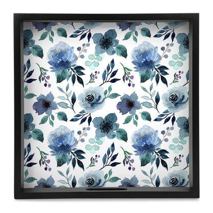 Indigo Flowers Serving Tray with Cutout Handles (Wood) 12" x 12"