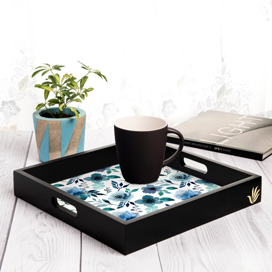 Indigo Flowers Serving Tray with Cutout Handles (Wood) 12" x 12"