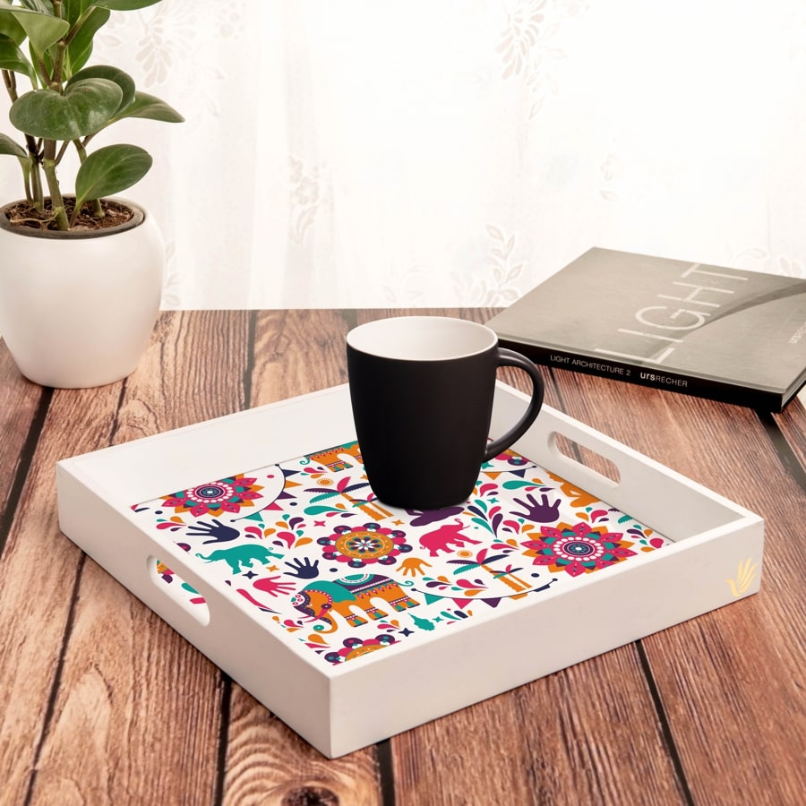 India Serving Tray with Cutout Handles (Wood) 12" x 12"