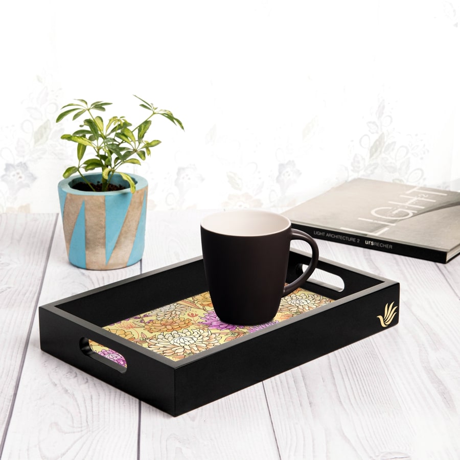 Maya Floral Serving Tray with Cutout Handles (Wood) 8" x 12"