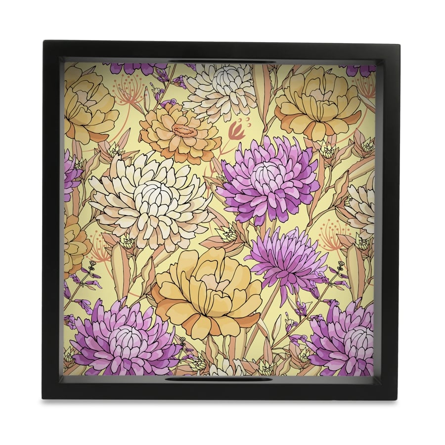 Maya Floral Serving Tray with Cutout Handles (Wood) 9" x 9"