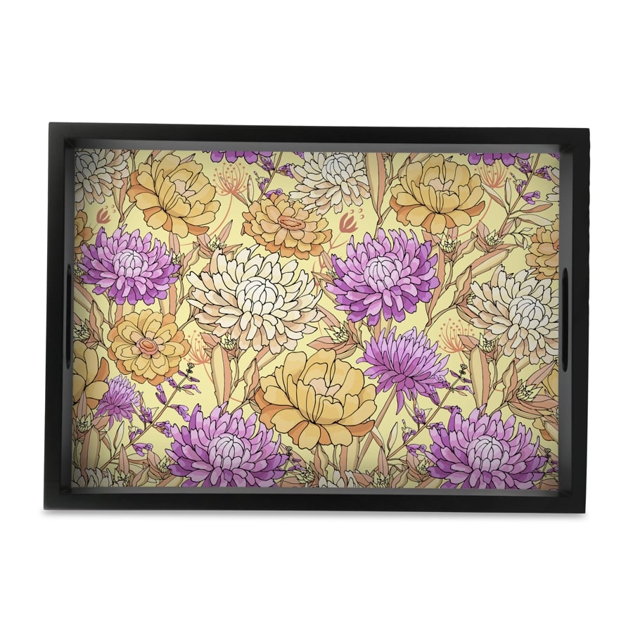 Maya Floral Serving Tray with Cutout Handles (Wood) 10" x 14"