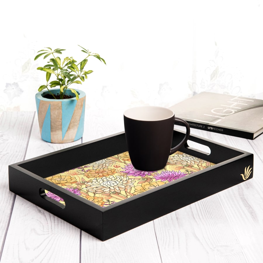 Maya Floral Serving Tray with Cutout Handles (Wood) 10" x 14"