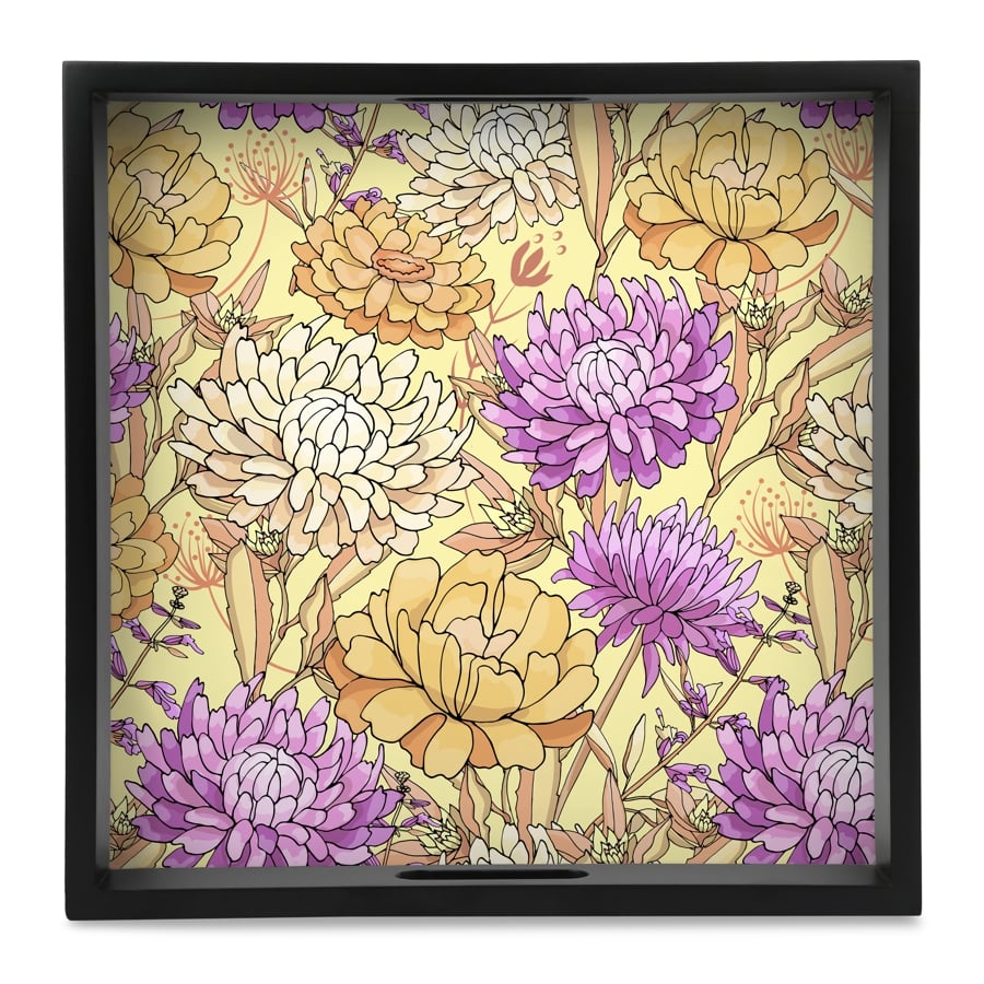 Maya Floral Serving Tray with Cutout Handles (Wood) 12" x 12"
