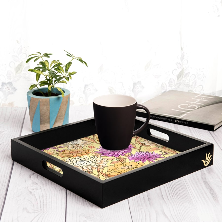 Maya Floral Serving Tray with Cutout Handles (Wood) 12" x 12"
