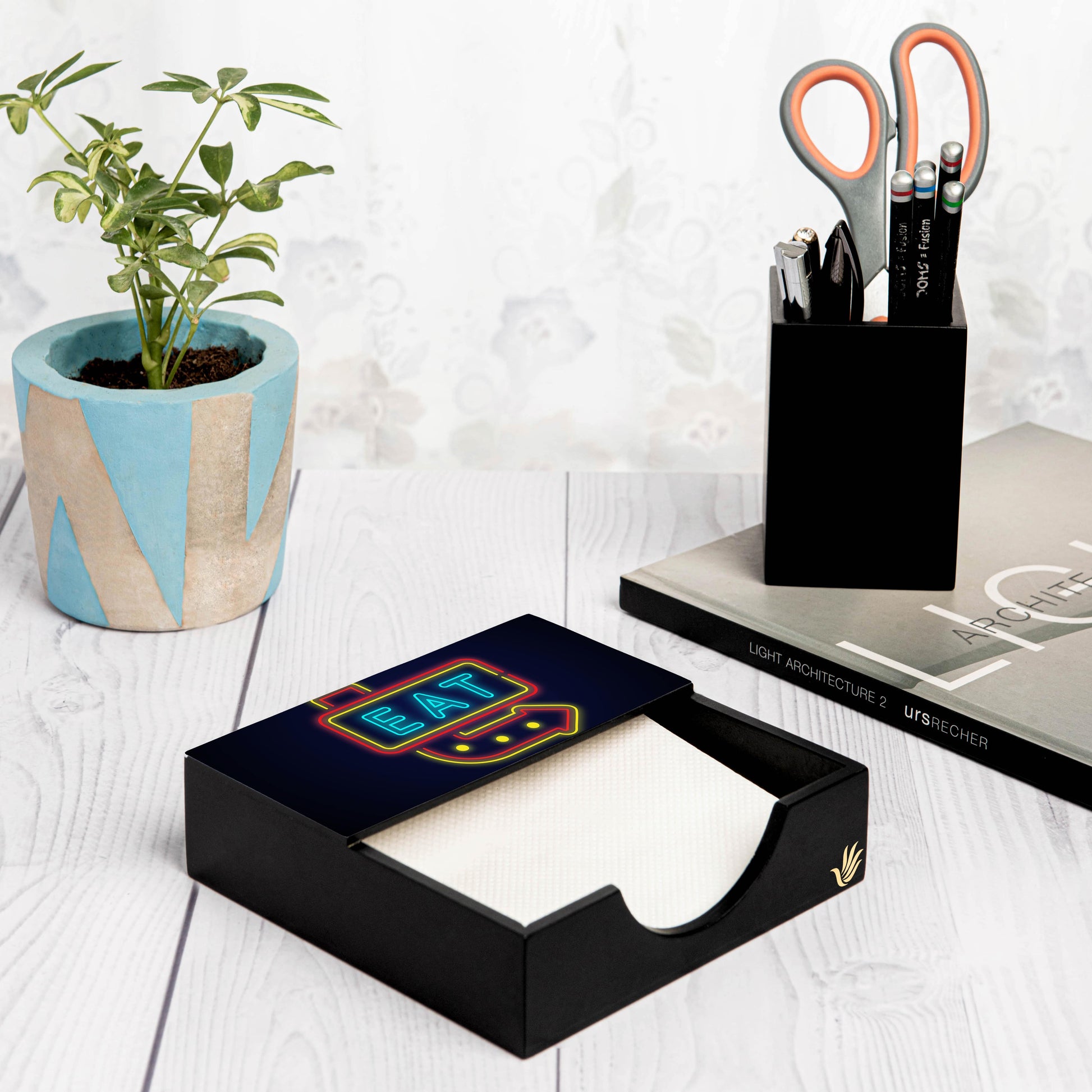 Neon Eat Tissue Holder 6" x 6" x 1.5" Ht. - Lifestyle Image