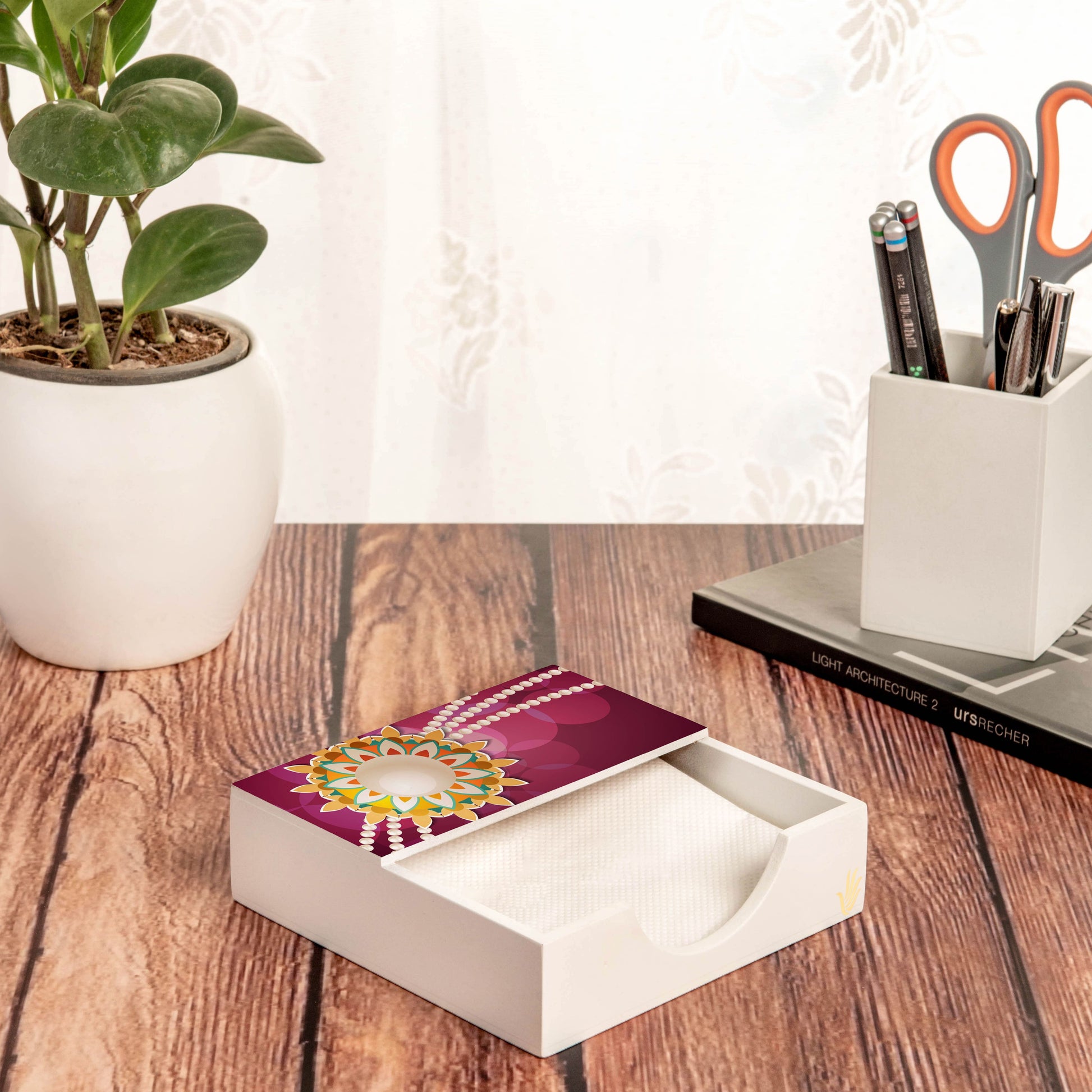 Rakhi Pearls Rose Tissue Holder 6" x 6" x 1.5" Ht. - Lifestyle Image